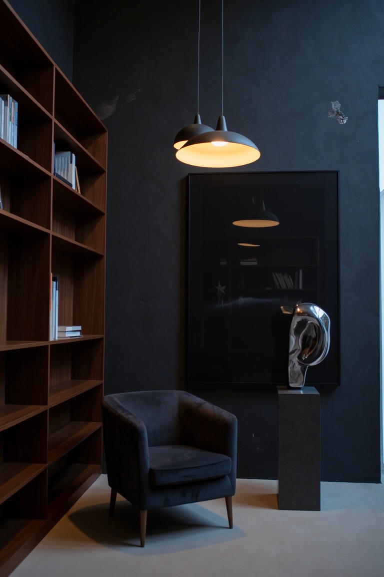 Dark corner room with wooden bookshelves stocked with books, single dark velvet armchair, warm pendant lamp, framed black artwork, and metallic head sculpture on pedestal