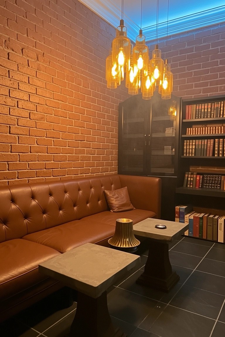 Lounge corner with exposed red brick walls, brown leather tufted sofa, bookshelves in glass cabinet, and warm hanging pendant lights