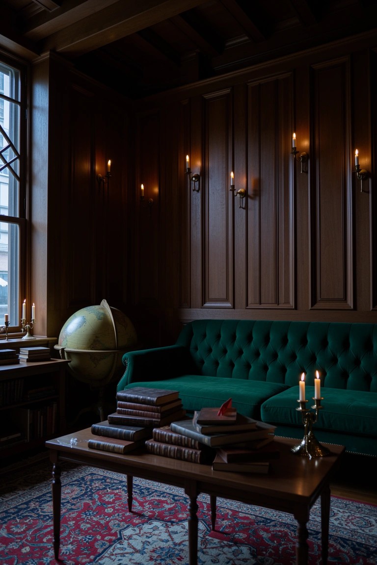 Wood-paneled study with emerald green velvet sofa, antique book stacks on wood table, brass candelabra, globe, and candle wall sconces