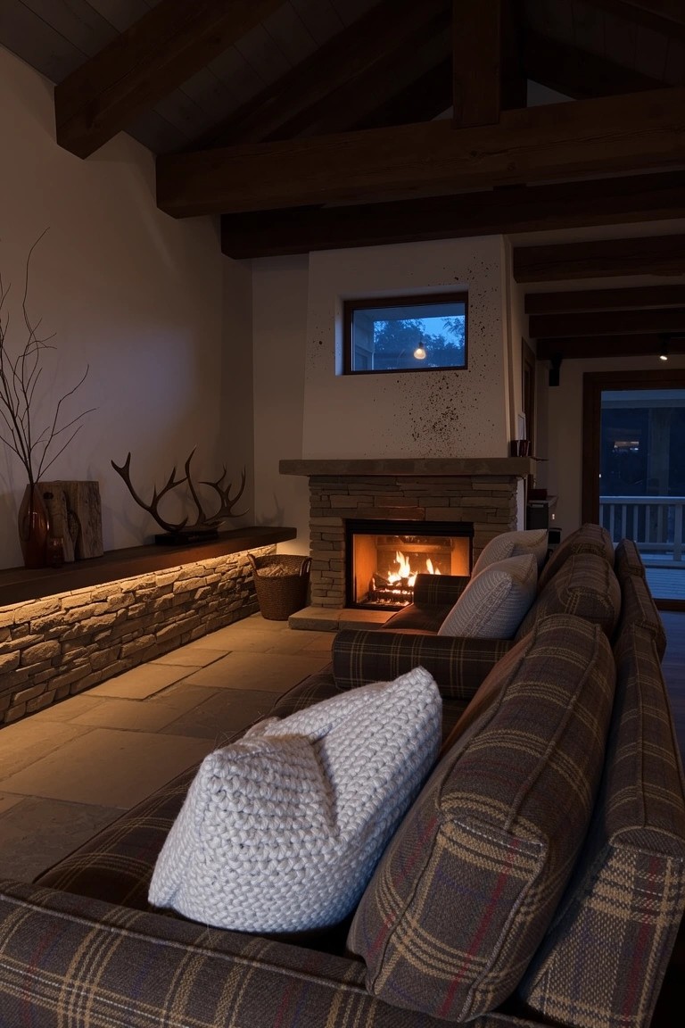 Rustic living room featuring a stone fireplace with burning logs, plaid sofa with white pillows, wooden beams, and antler decor