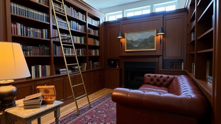 Cozy reading room with floor-to-ceiling wooden bookshelves accessed by a brass rolling ladder, brown leather armchair by fireplace, and Persian rug on wood floor