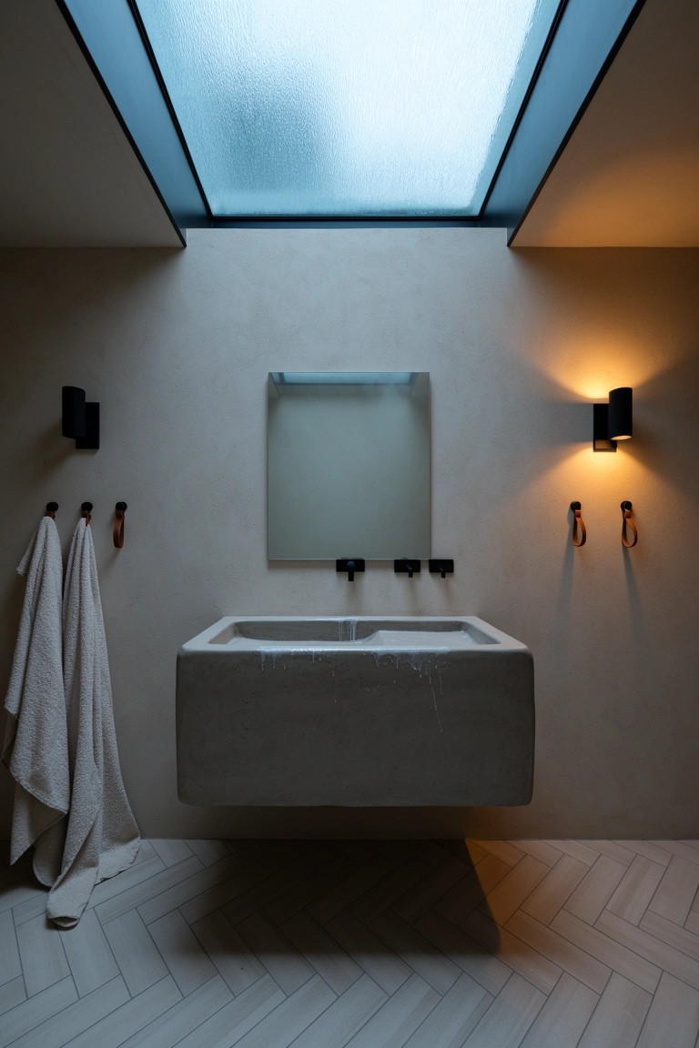 Modern bathroom with large floating gray stone sink, black faucets, neutral walls, wall sconces, and skylight above