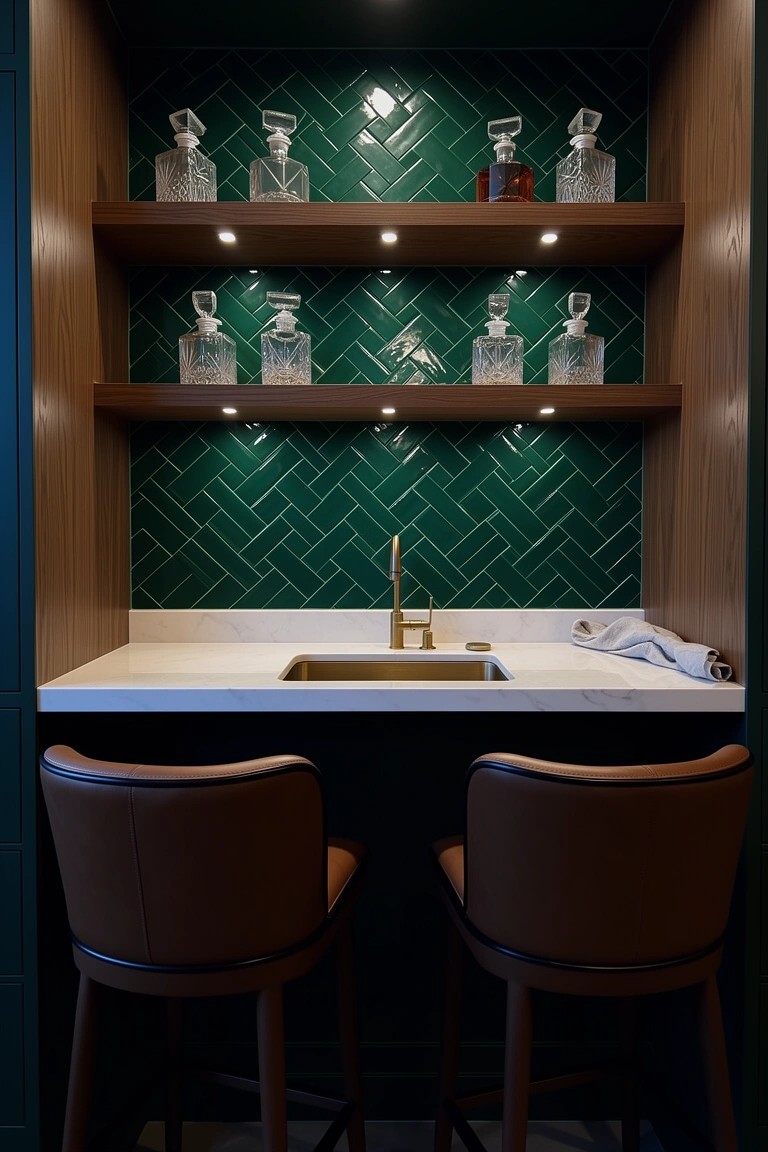 Built-in wooden bar nook with emerald green herringbone tile backsplash, gold faucet, white quartz countertop, liquor bottles on shelves, and leather bar stools