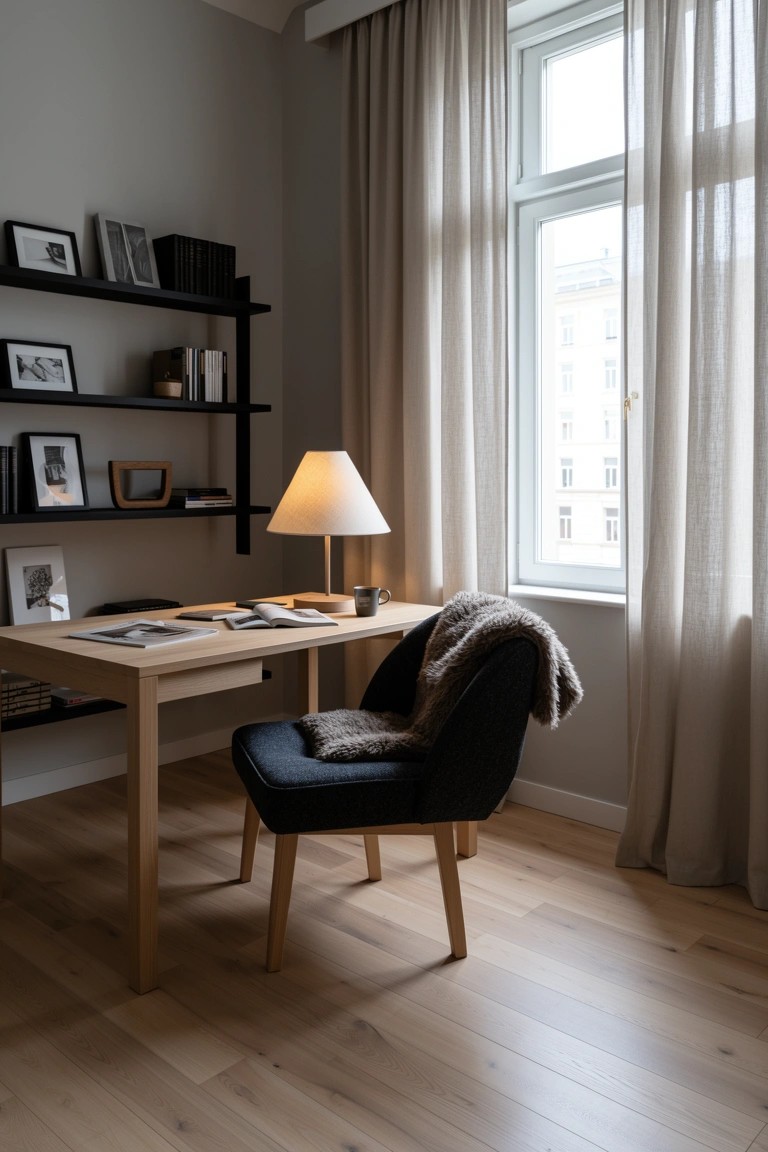 Gray home office corner with light wood desk, black chair draped in sheepskin throw, black wall shelves with books and frames, and lamp beside large curtained window