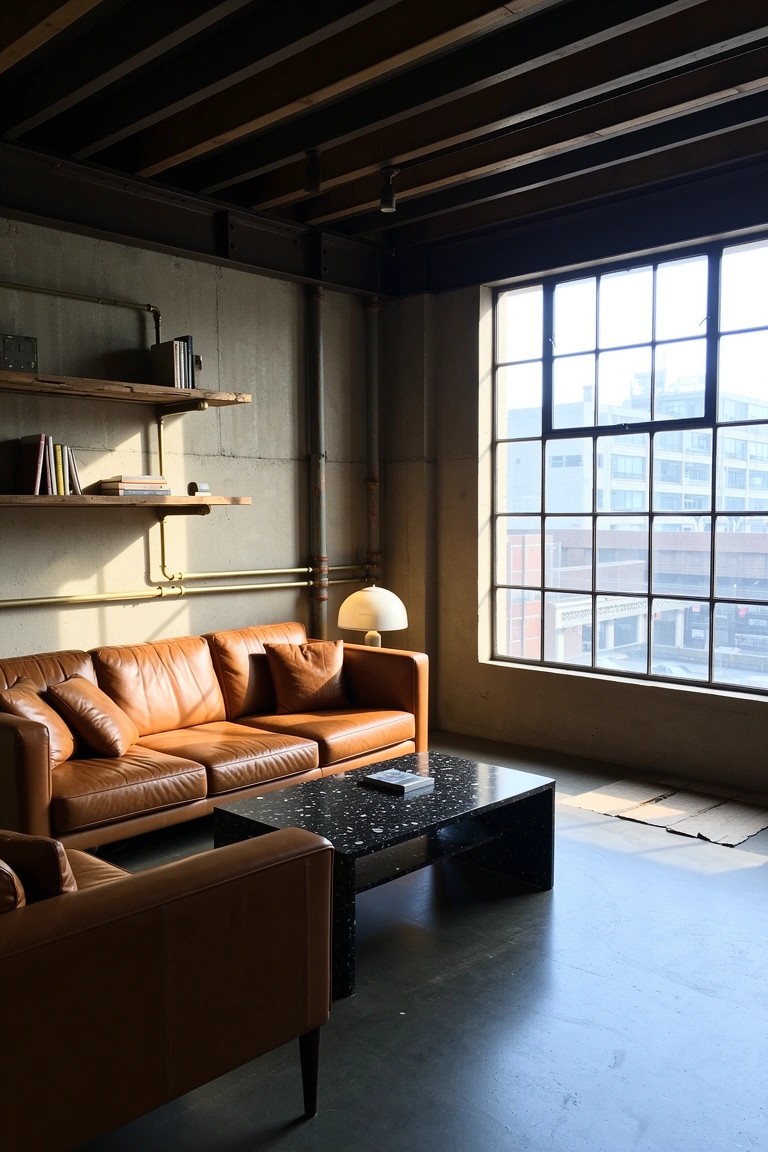 Tan leather sofas and black coffee table in industrial loft room with exposed beams, raw walls, and large windows