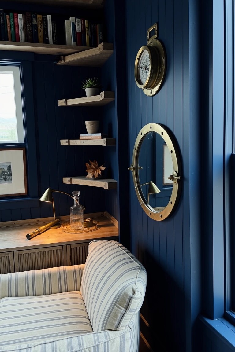 Cozy study with navy blue paneled walls, brass ship's clock and porthole mirror, bookshelves, desk, and striped armchair