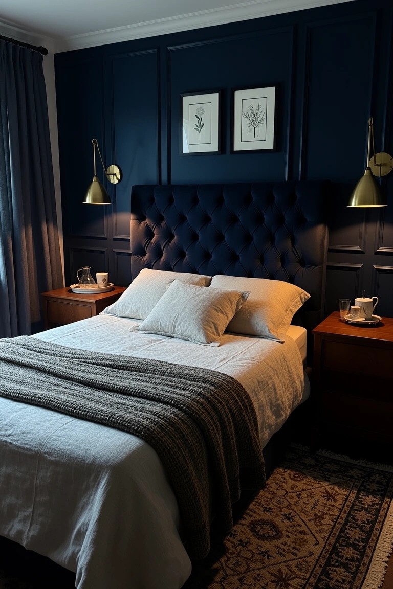 Bedroom with navy blue paneled accent wall, tufted navy headboard, white bedding, and brass wall lights