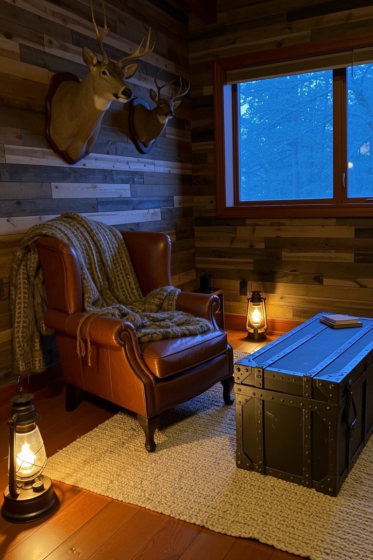 Cozy rustic den featuring horizontal wood plank walls, leather armchair with blanket, mounted deer heads, trunk table, and lantern lights on a wood floor with rug