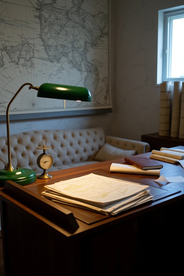 Wooden study desk topped with green banker's lamp, papers, books, and clock, against a world map wall in a cozy room