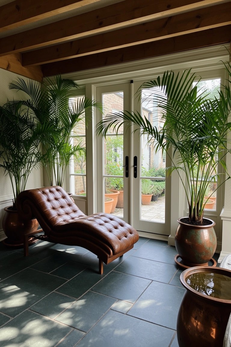 Sunlit sunroom with curved brown leather chaise lounge amid large potted palms framing white French doors to garden