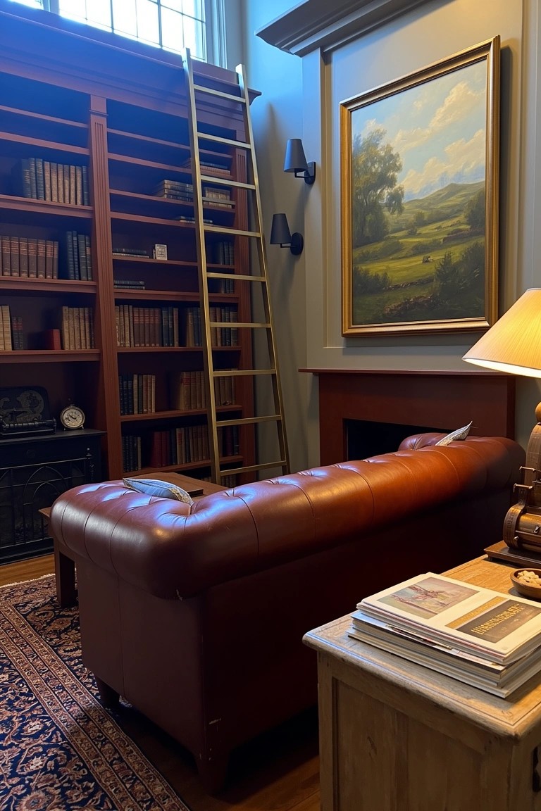 Cozy reading room with floor-to-ceiling wooden bookshelves accessed by a brass rolling ladder, brown leather armchair by fireplace, and Persian rug on wood floor