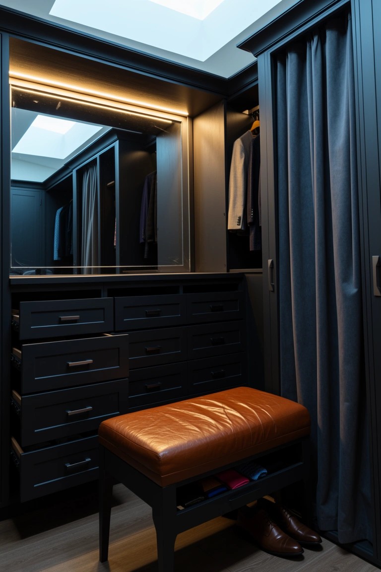 Dark navy built-in walk-in closet with LED-lit mirror drawers hanging space orange leather bench and shoes stored below