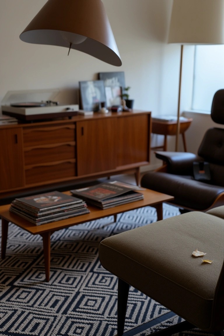 Mid-century modern lounge with teak credenza topped by turntable and frames, low wood coffee table stacked with magazines, leather armchair, geometric navy rug, and white pendant lamp
