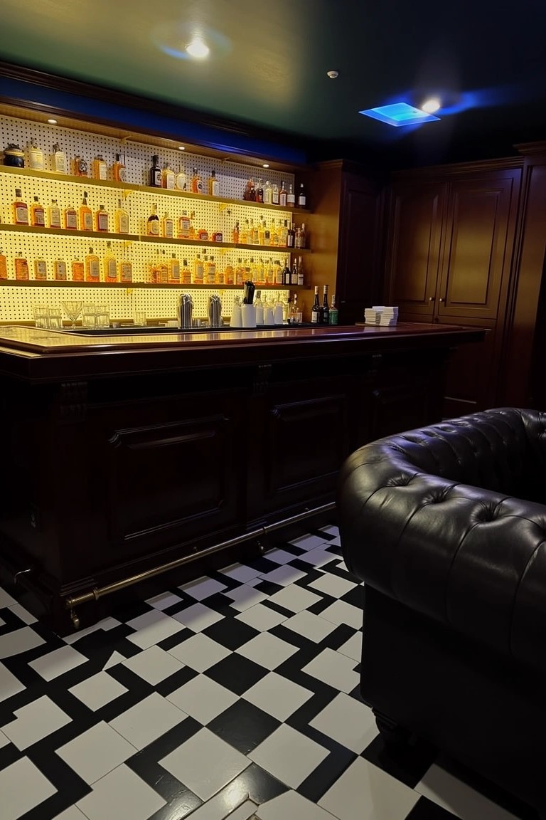 Dark wooden bar in a green-walled basement speakeasy with illuminated bottle shelves, checkered black-and-white floor, and leather tufted sofa nearby