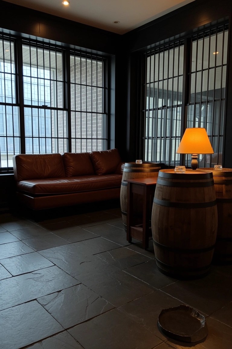 Basement speakeasy nook with leather sofa, wooden barrels used as low tables, lamp, and barred windows