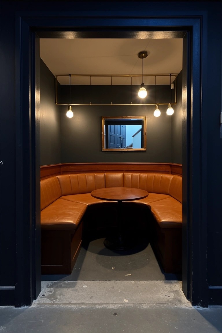 Curved leather banquette booth with round wooden table and pendant lights in a dark-framed basement nook