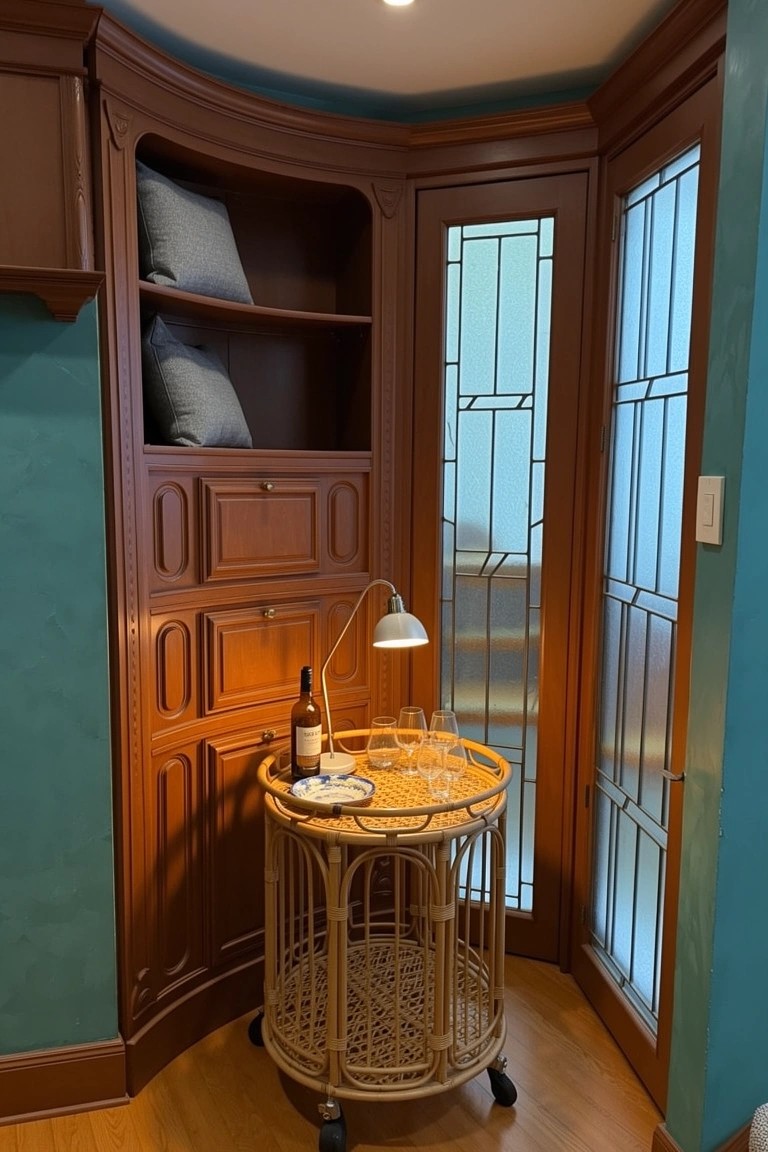 Curved wooden corner cabinet with rattan serving cart holding wine glasses and bottle next to stained glass doors