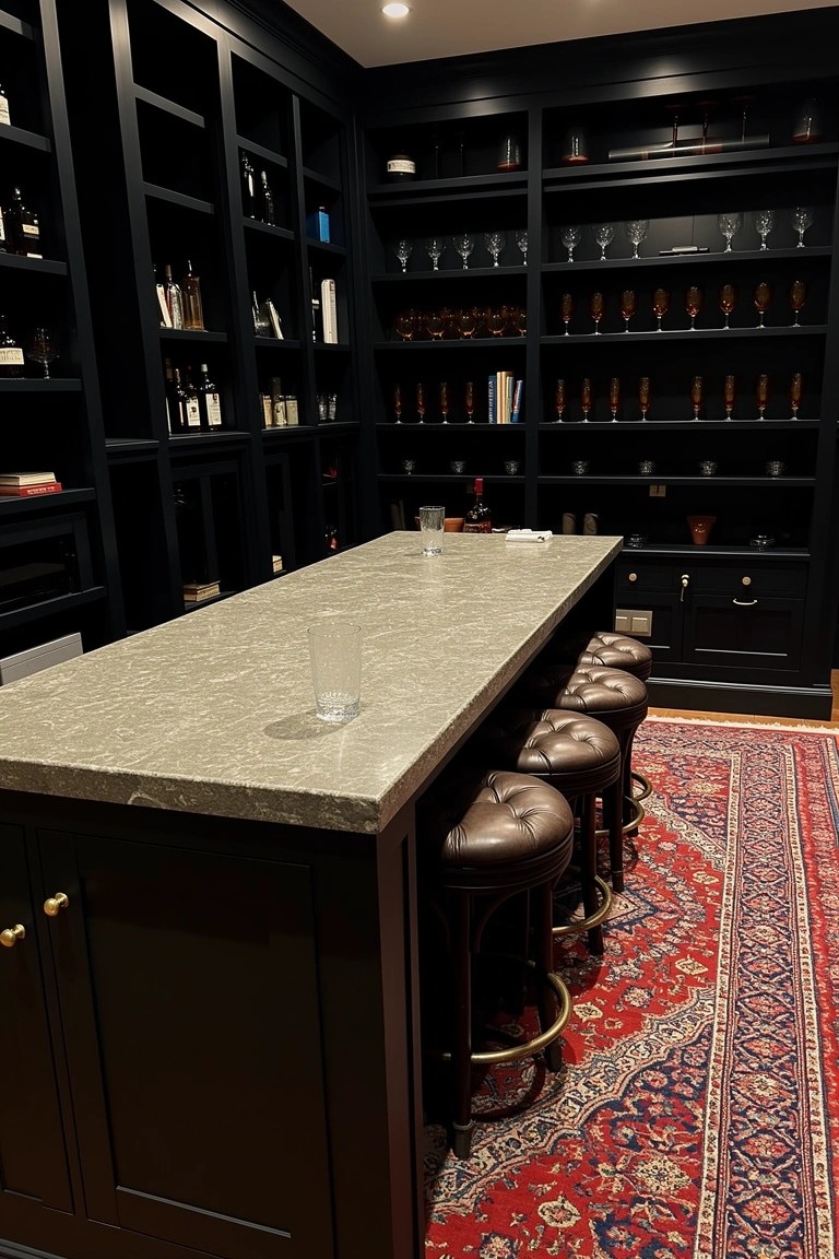 Dark wood built-in shelving surrounding a basement bar counter with leather stools, stocked with liquor bottles, books, and glassware on a patterned rug