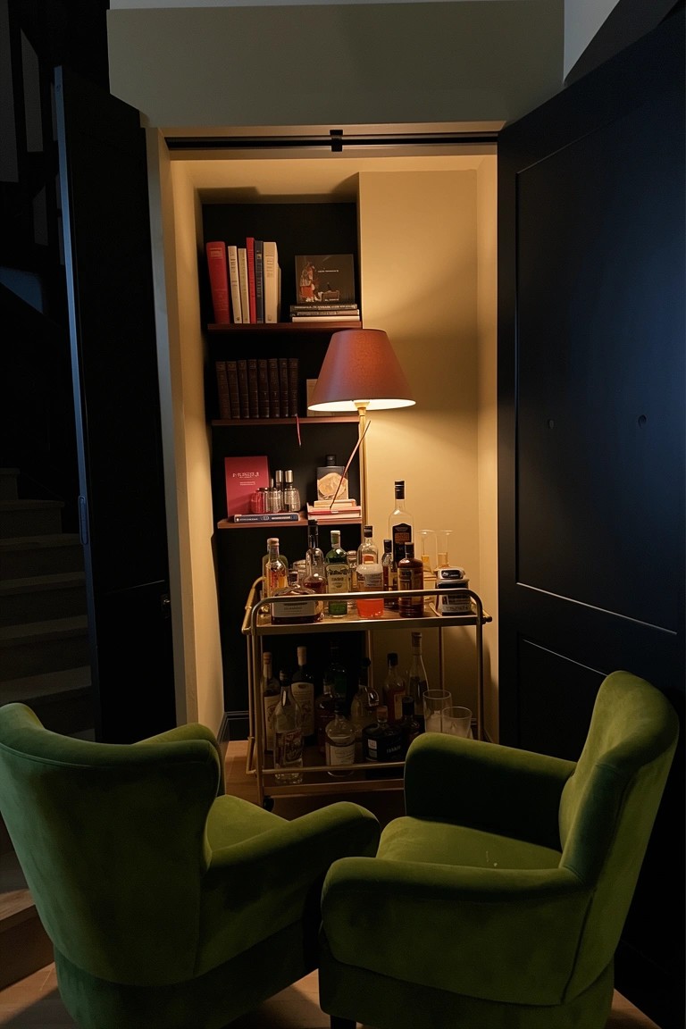 Narrow open closet with stocked bar cart, bookshelves, table lamp, and paired green armchairs in a dimly lit basement nook