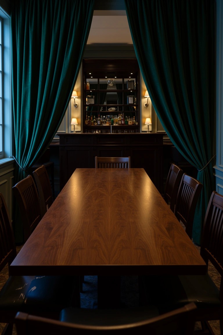 Emerald green velvet curtains framing a wooden bar cabinet with bottles and lamps, behind a long dining table with dark chairs in a paneled room