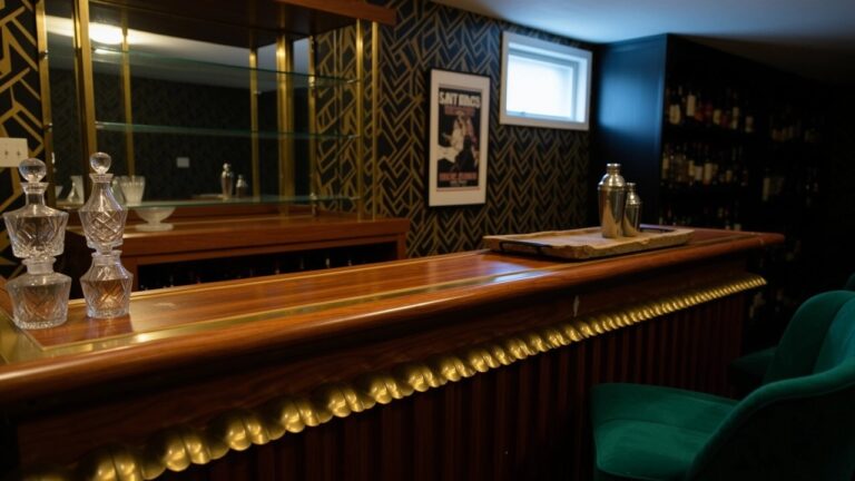 Emerald green velvet bar stools line a wooden speakeasy bar in a basement with Art Deco black and gold walls and mirrors