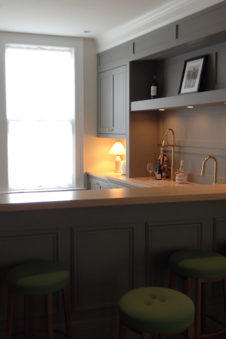 Gray cabinetry bar counter with green upholstered stools, brass faucet, and bottle storage