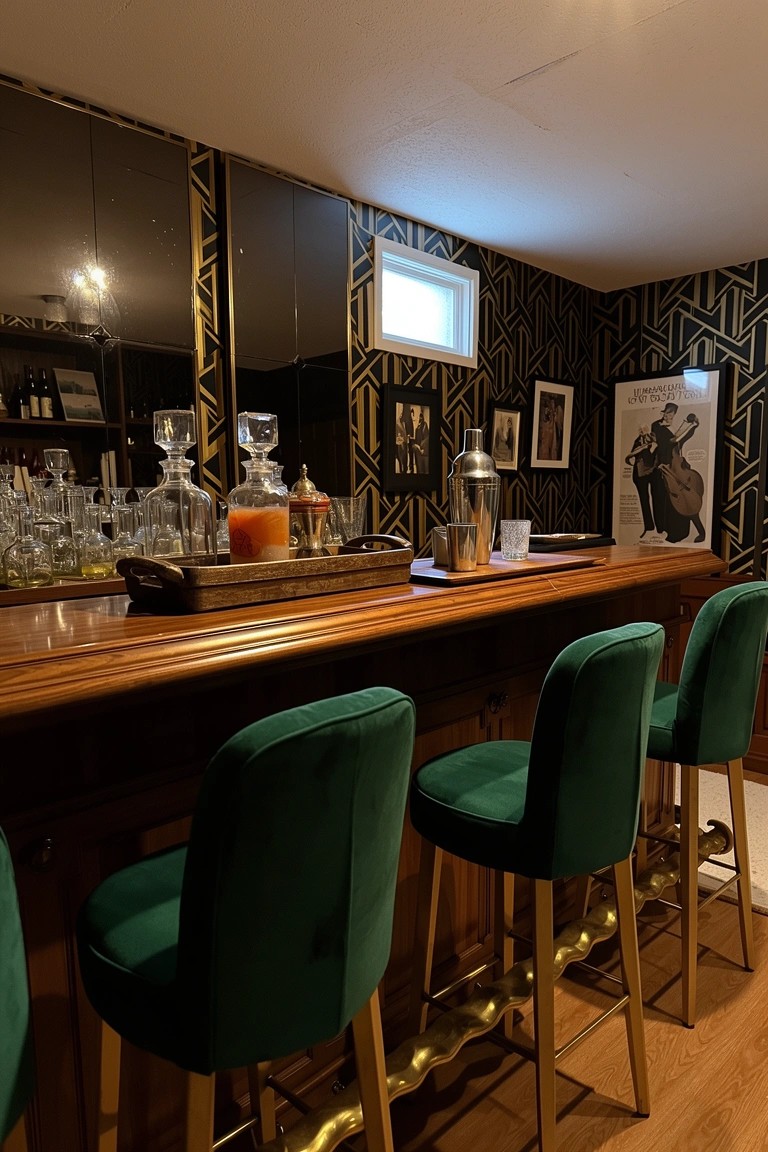 Emerald green velvet bar stools line a wooden speakeasy bar in a basement with Art Deco black and gold walls and mirrors