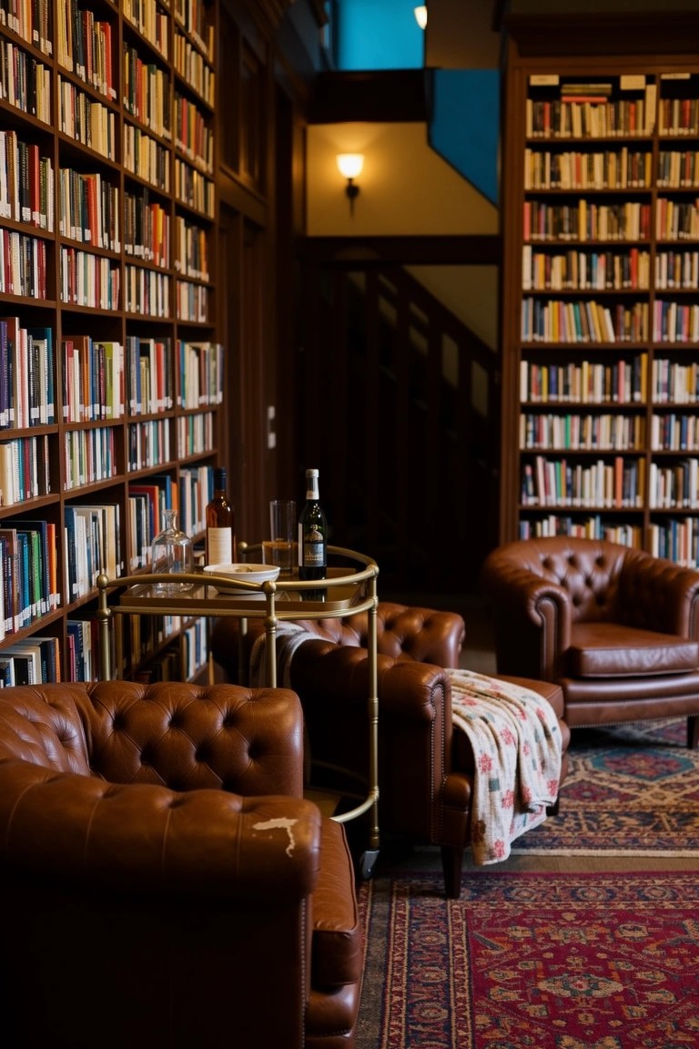 Leather armchairs and bar cart beside tall wood bookshelves in a paneled library room