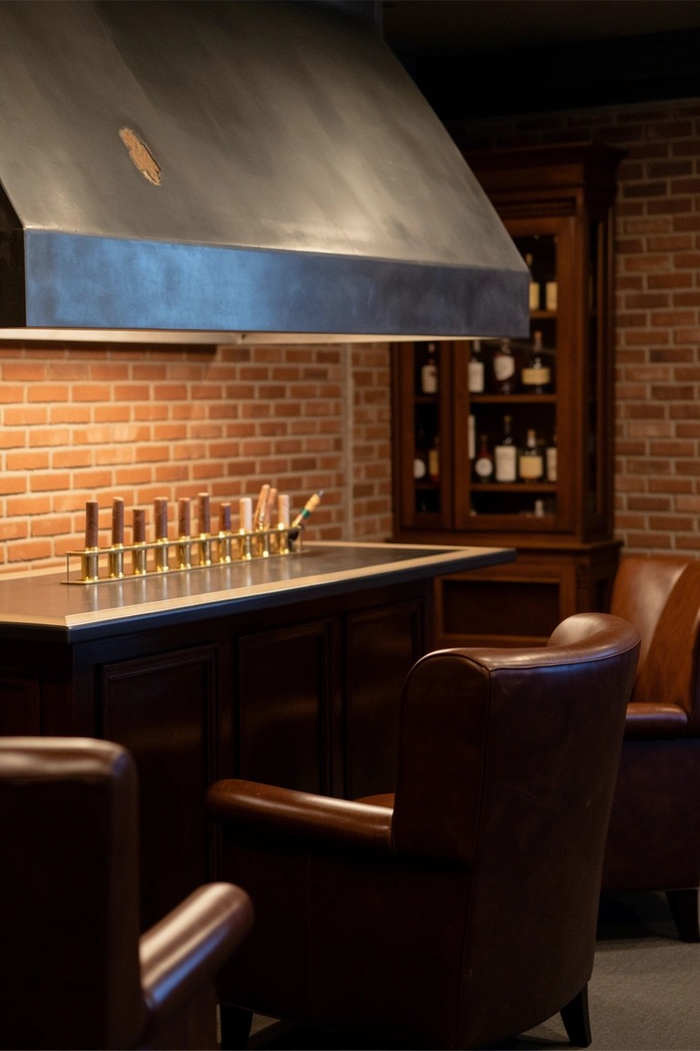 Row of brass draft taps on a wooden bar counter in a brick-walled basement speakeasy with leather chairs nearby