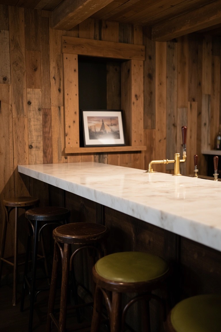 Rustic wood-paneled basement bar with white marble countertop, wooden stools, brass faucet, and small framed artwork in wall niche