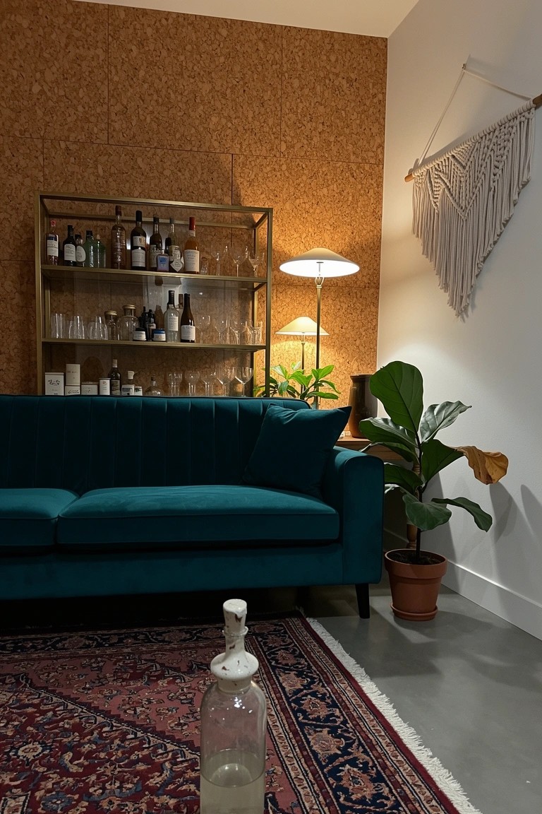 Living room corner with glass bar cabinet stocked with liquor bottles against textured cork walls, green velvet sofa, potted plants, hanging macrame, and area rug