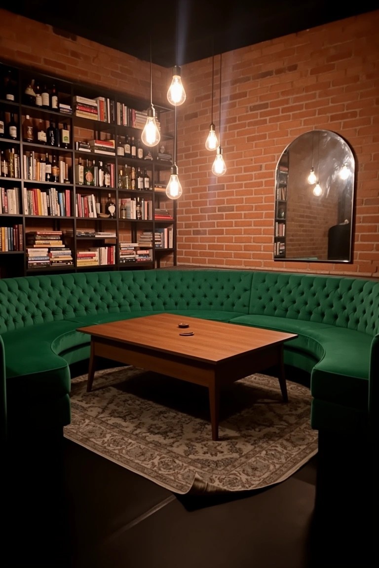 Curved emerald green tufted banquette in brick-walled nook with wooden coffee table, bookshelves, pendant lights, and arched mirror