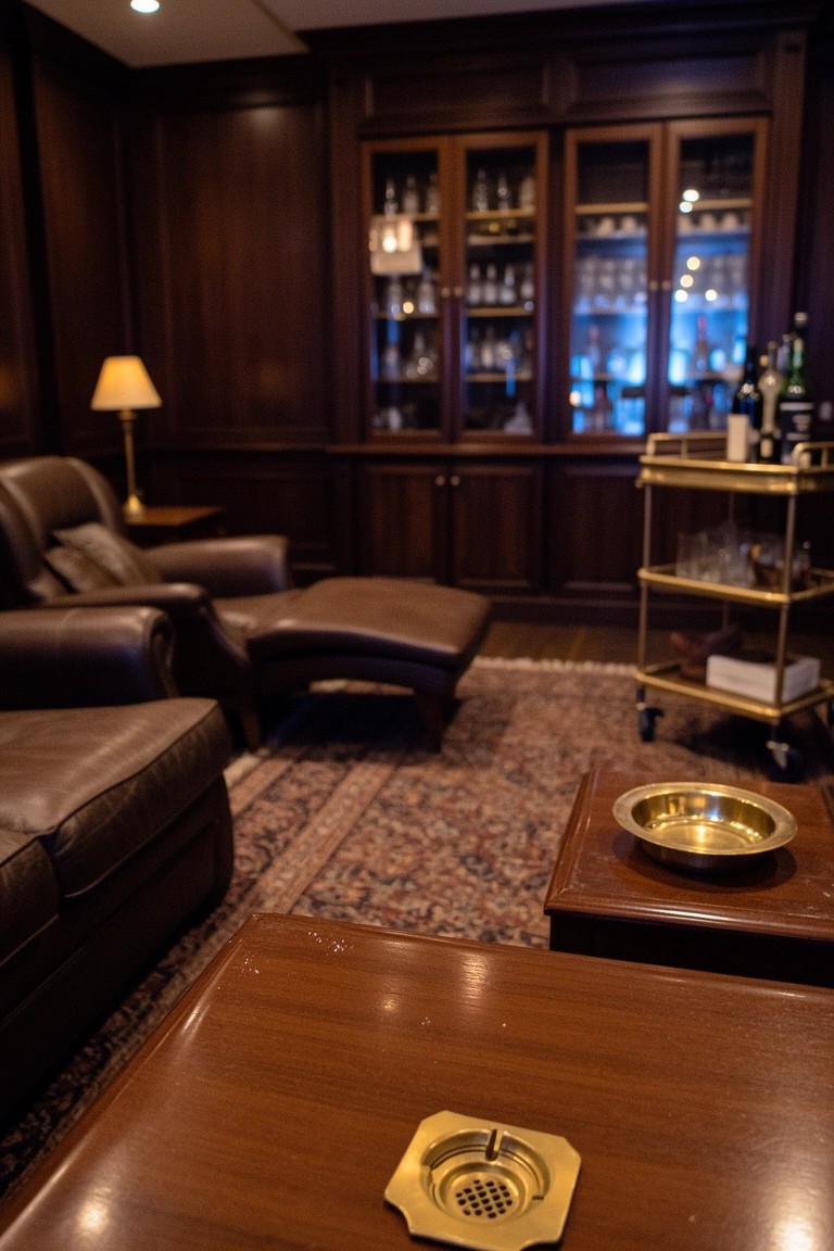 Dark wood paneled lounge with leather chairs, glass liquor cabinets, and brass bar cart