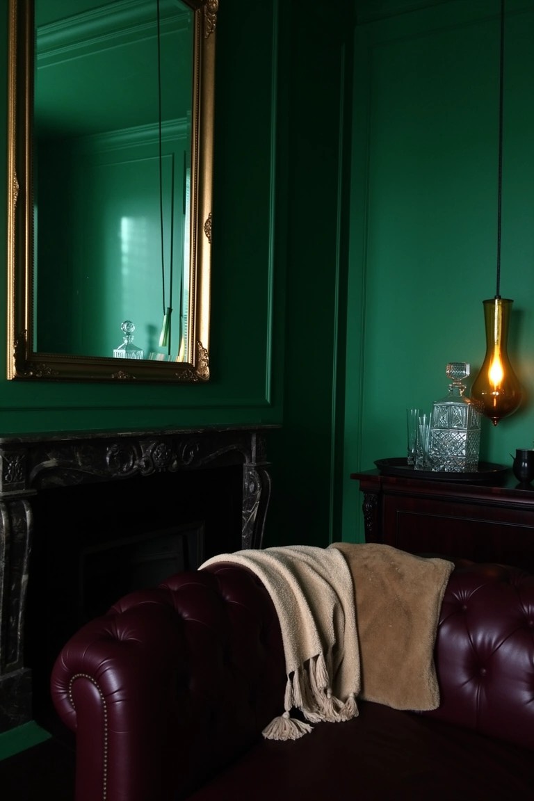 Deep green paneled walls framing a tufted leather armchair, gold mirror, and brass barware in a moody living room corner