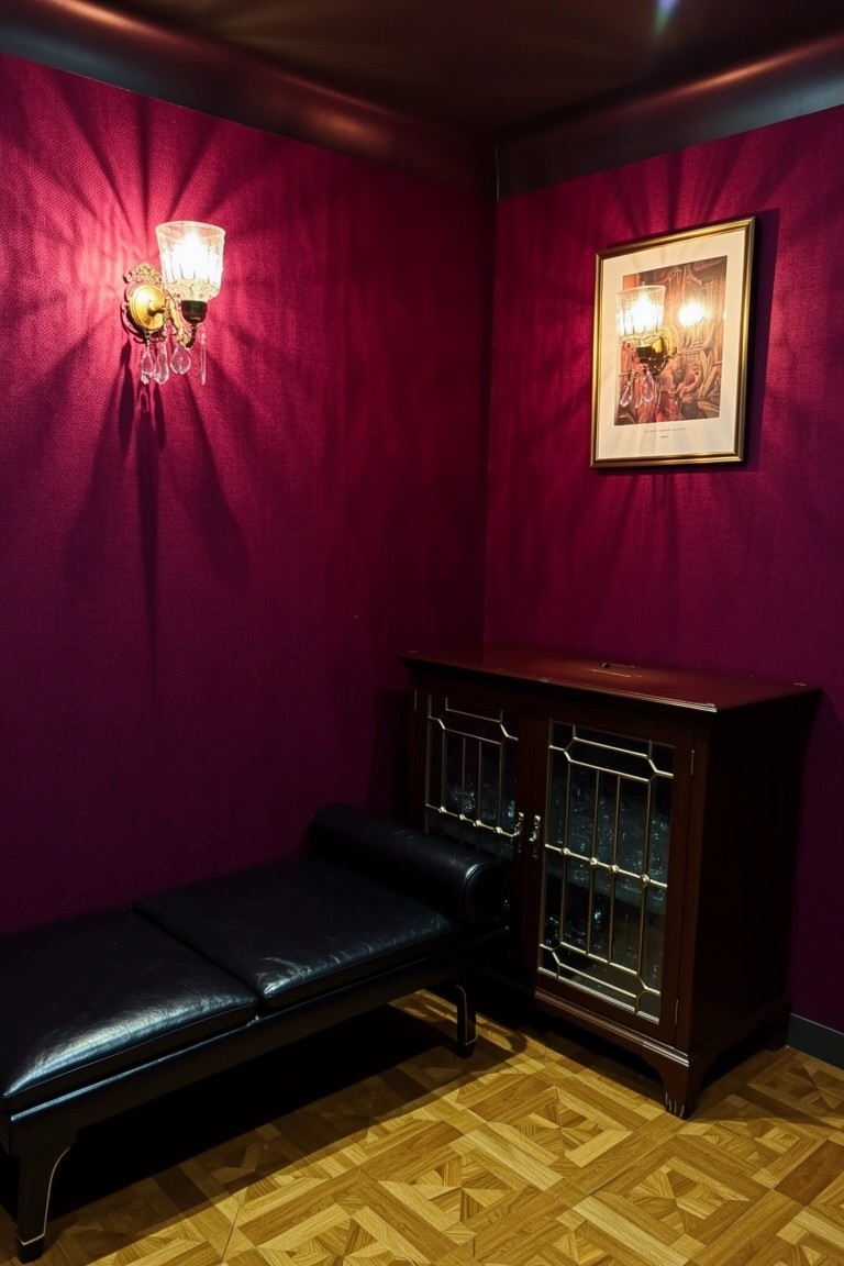 Deep red corner lounge with black leather chaise, wooden glass-door cabinet, and warm wall lights on parquet floor
