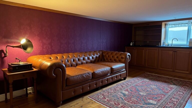 Cozy speakeasy-style room with deep purple damask walls, brown leather Chesterfield sofa, wooden bar area with sink, and vintage gramophone
