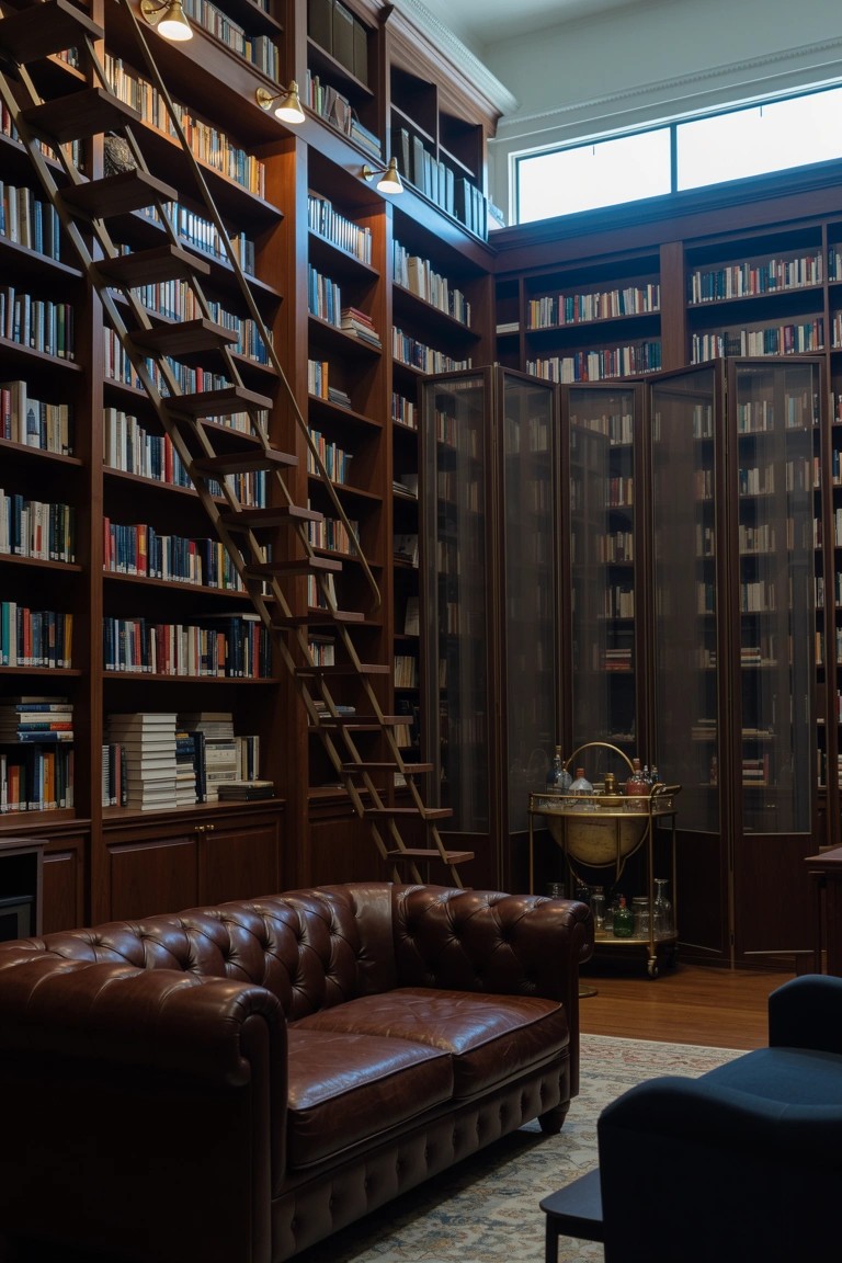 Living room library with tall wooden bookshelves, rolling ladder, tufted leather sofa, bar cart, and shoji screens