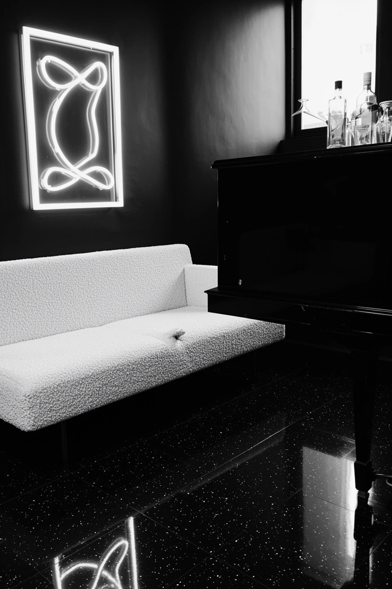 Dark speakeasy room with glowing neon outline on black wall, white tufted sofa, and black piano
