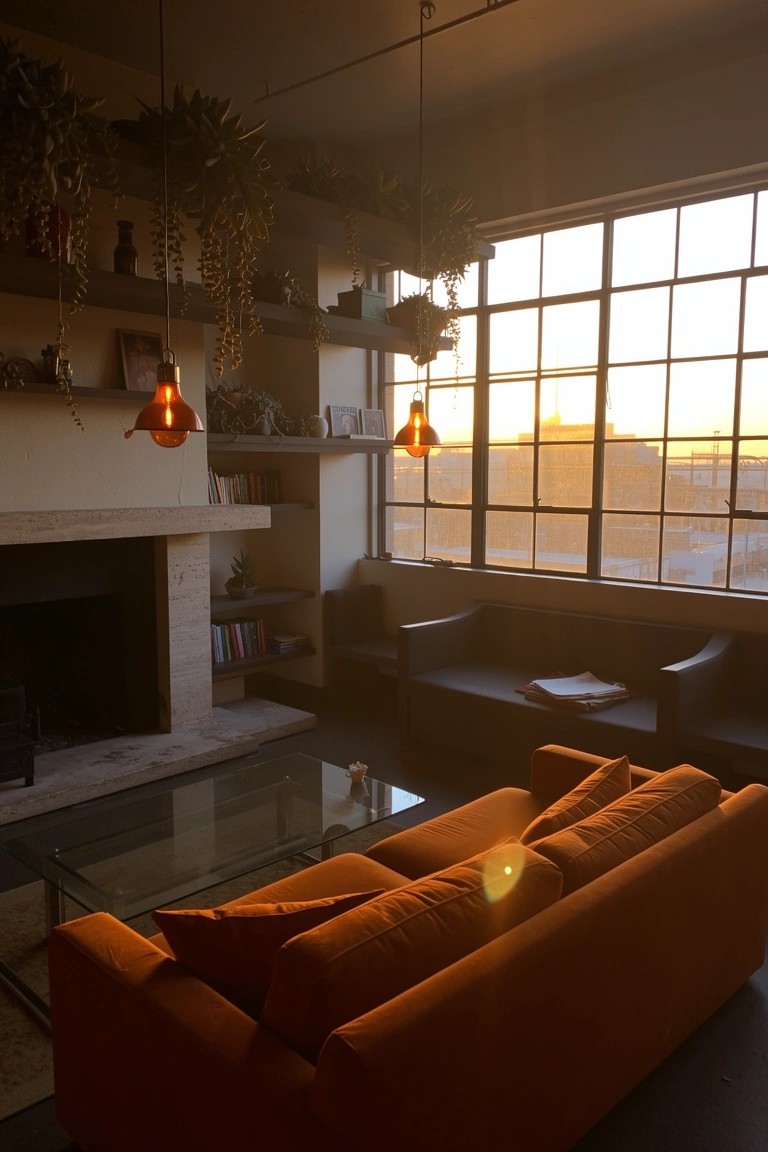 Loft living room with orange sofa, black leather chairs, glass coffee table, hanging plants, and large industrial windows