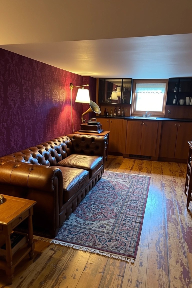 Cozy speakeasy-style room with deep purple damask walls, brown leather Chesterfield sofa, wooden bar area with sink, and vintage gramophone