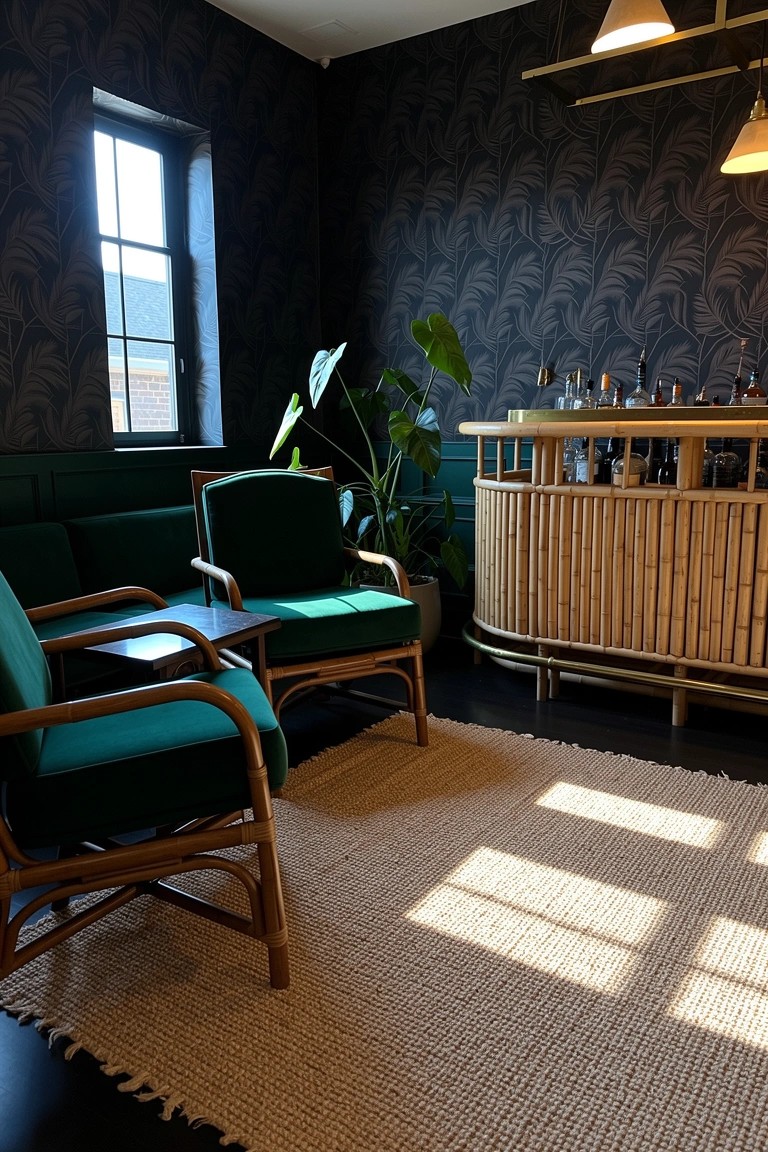 Cozy room corner with dark navy patterned walls, green rattan chairs, large potted plant, and curved bamboo bar stocked with liquor bottles