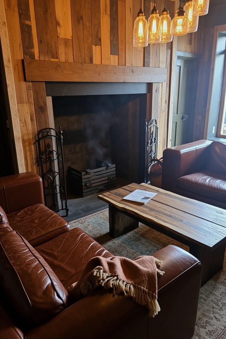Rustic living room with wood-paneled walls, leather sofas, low wooden coffee table, and stone fireplace