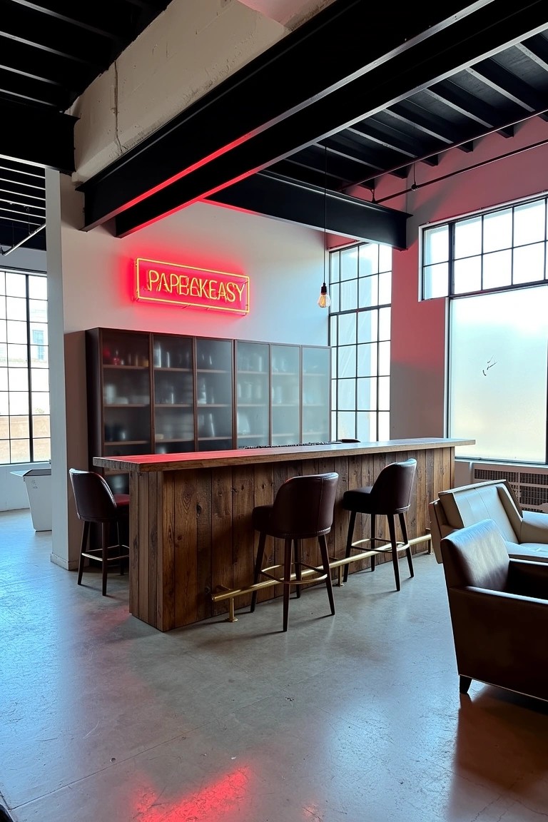 Industrial loft bar area with wooden counter, neon speakeasy sign, bar stools, and glass display cabinets
