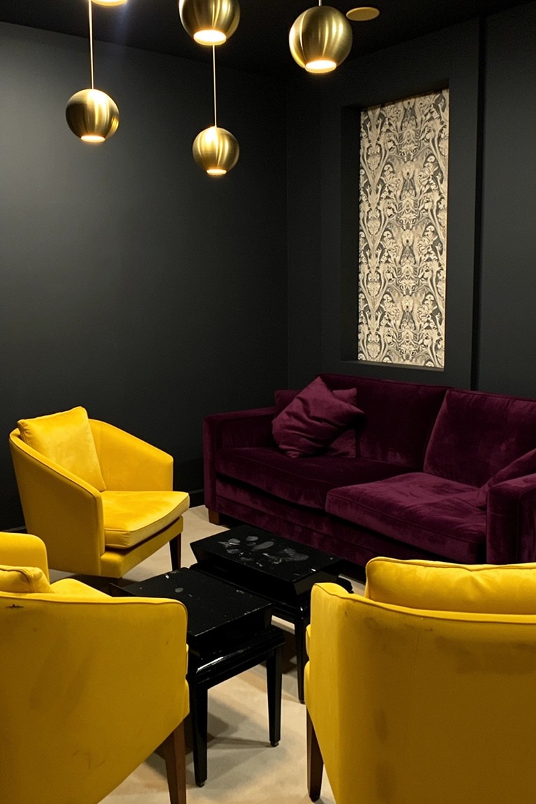 Yellow Chairs Around a Purple Sofa