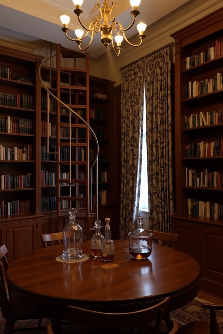 Wooden library room with bookshelves, spiral staircase, and central round table holding whiskey bottles and glasses