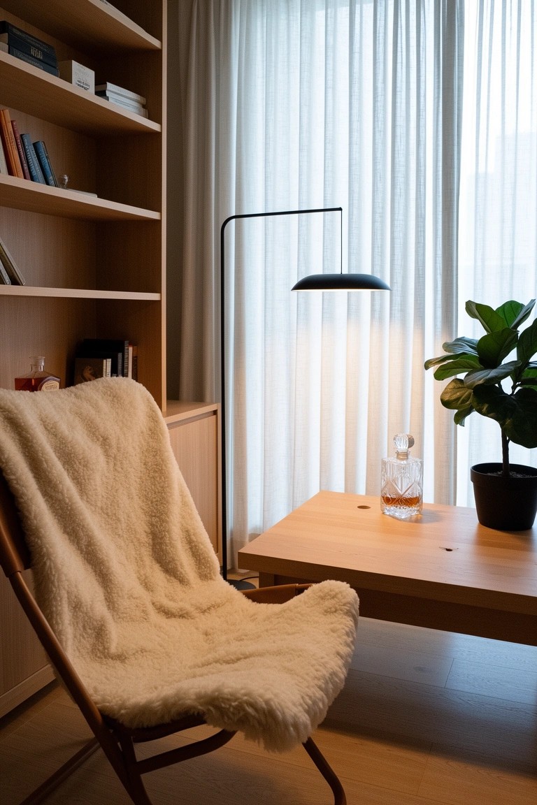 Cozy wooden armchair draped in white sheepskin throw beside oak bookshelves, with slim floor lamp, low wooden coffee table holding whiskey decanter, potted plant, and sheer curtains over a window