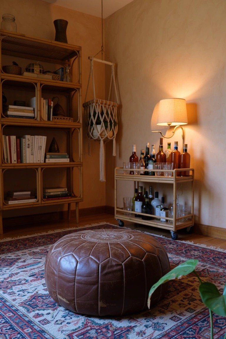 Cozy room corner with wooden bookshelves, rolling bar cart holding whiskey bottles and glasses, brown leather pouf on patterned rug