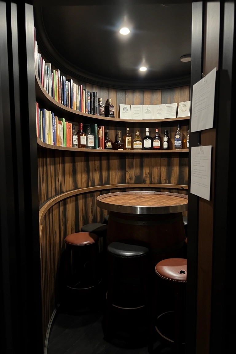Compact curved wooden barrel room with bookshelves stocked with books and whiskey bottles, central round barrel table, and matching stools