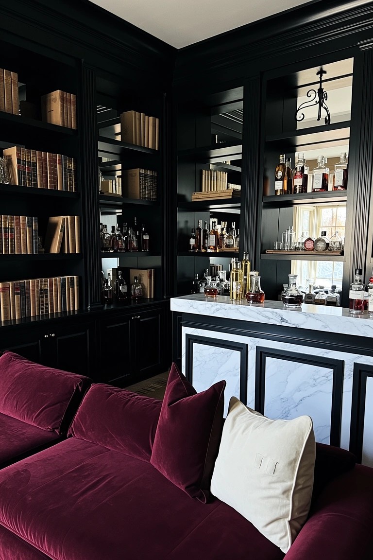 Black corner bookshelves with integrated bar holding whiskey bottles and books, plus purple velvet sofa