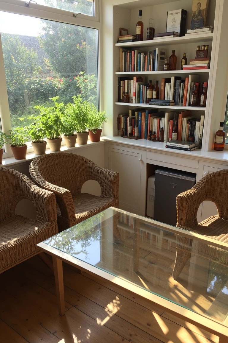 Sunlit corner room with tall bookshelves stocked with books and bottles flanking large windows, rattan chairs around a glass table, and potted herbs on the sills